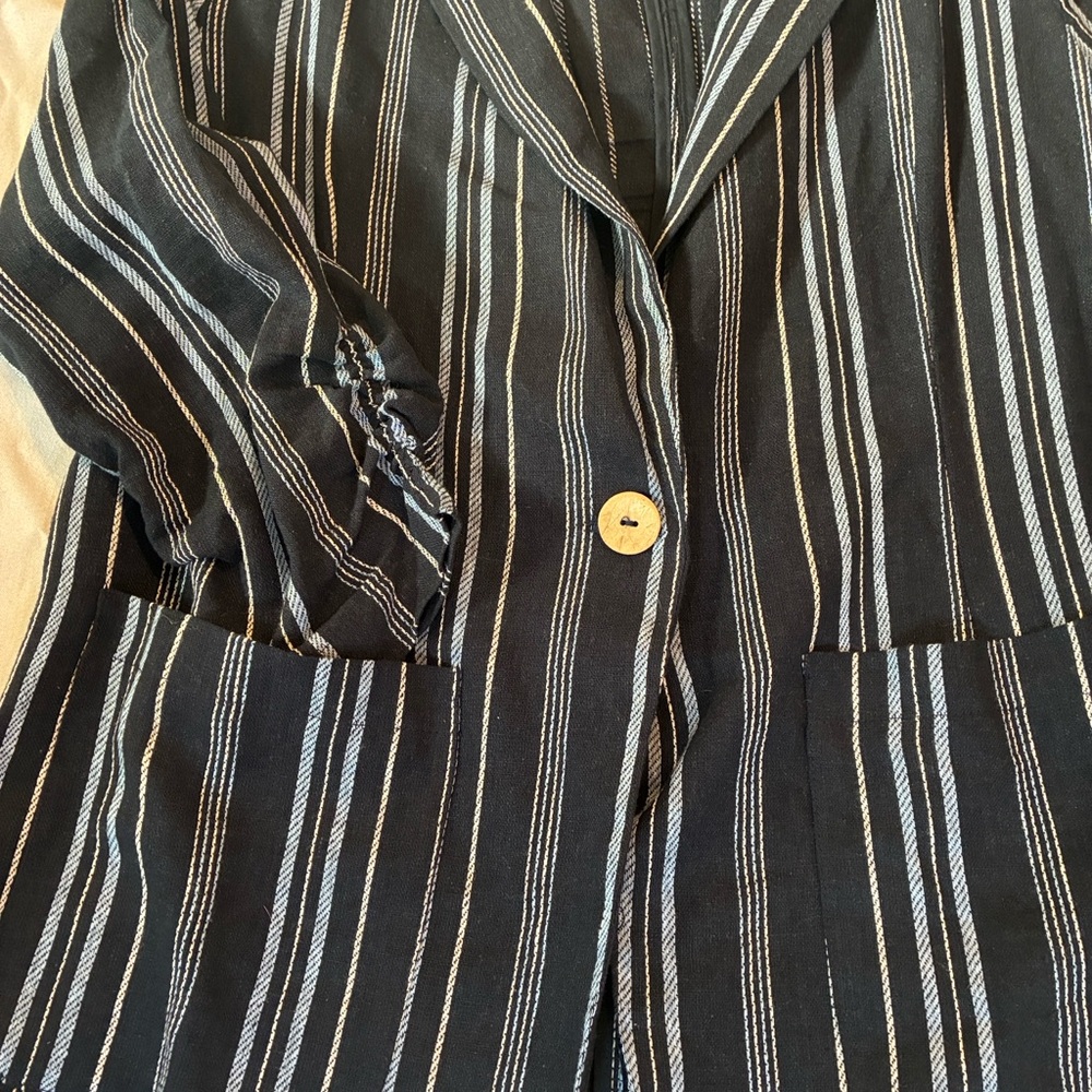 Spring Linen Blazer Women Large Navy/Light Blue/White Striped Blazer Linen Blend - Picture 2 of 12
